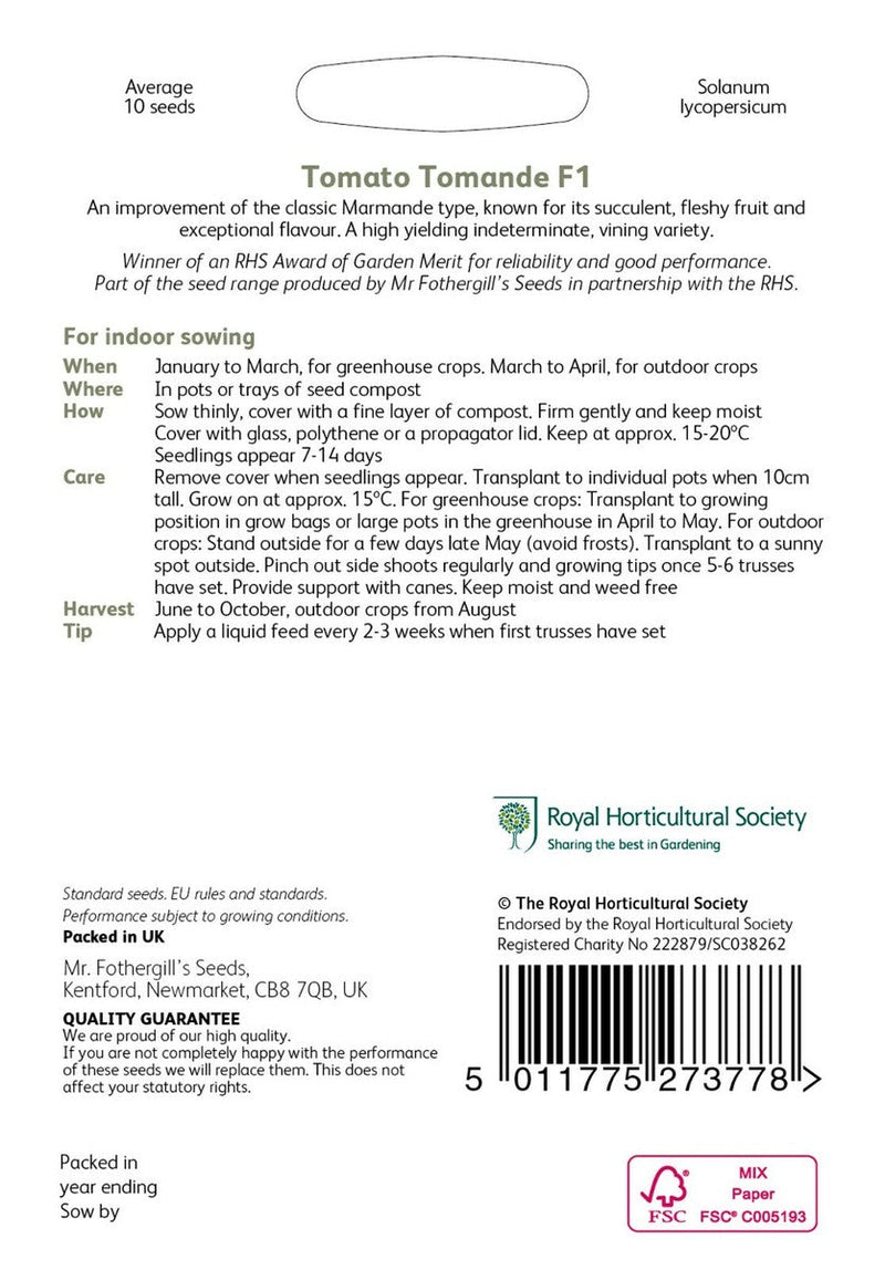 RHS Tomato Tomande F1 Seeds 10 Seeds, Large Ribbed Salad Tomato Variety | Vegetable Seeds | 5011775273778 5011775273778 | AllotMate Essentials