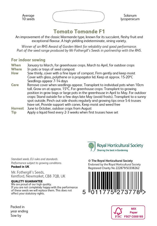 RHS Tomato Tomande F1 Seeds 10 Seeds, Large Ribbed Salad Tomato Variety | Vegetable Seeds | 5011775273778 5011775273778 | AllotMate Essentials