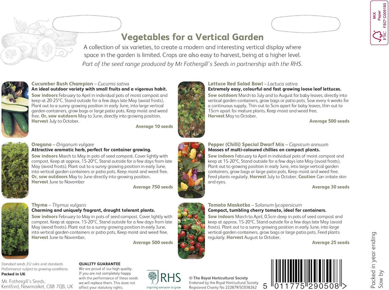 RHS Vegetables for a Vertical Garden Vegetable Seeds Collection 6 Compact Varieties | Vegetable Seeds | 5011775290508 5011775290508 | AllotMate Essentials