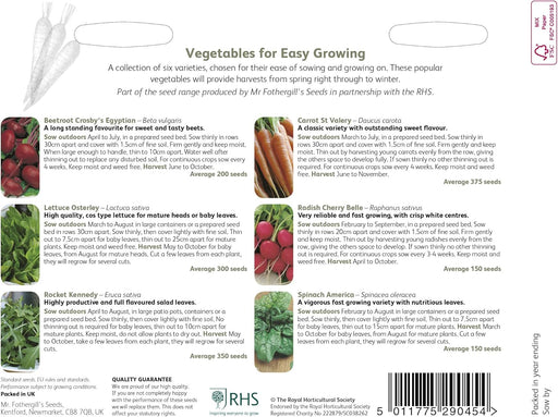 RHS Vegetables for Easy Growing Collection 6 Varieties, Curated Vegetable Seeds for Simple and Reliable Cropping | Vegetable Seeds | 5011775290454 5011775290454 | AllotMate Essentials