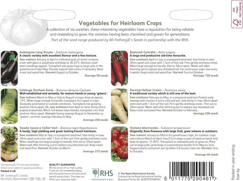 RHS Vegetables for Heirloom Crops Vegetable Seeds Collection 6 Traditional Varieties | Vegetable Seeds | 5011775290461 5011775290461 | AllotMate Essentials