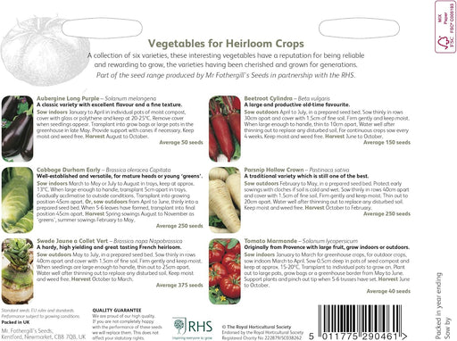 RHS Vegetables for Heirloom Crops Vegetable Seeds Collection 6 Traditional Varieties | Vegetable Seeds | 5011775290461 5011775290461 | AllotMate Essentials